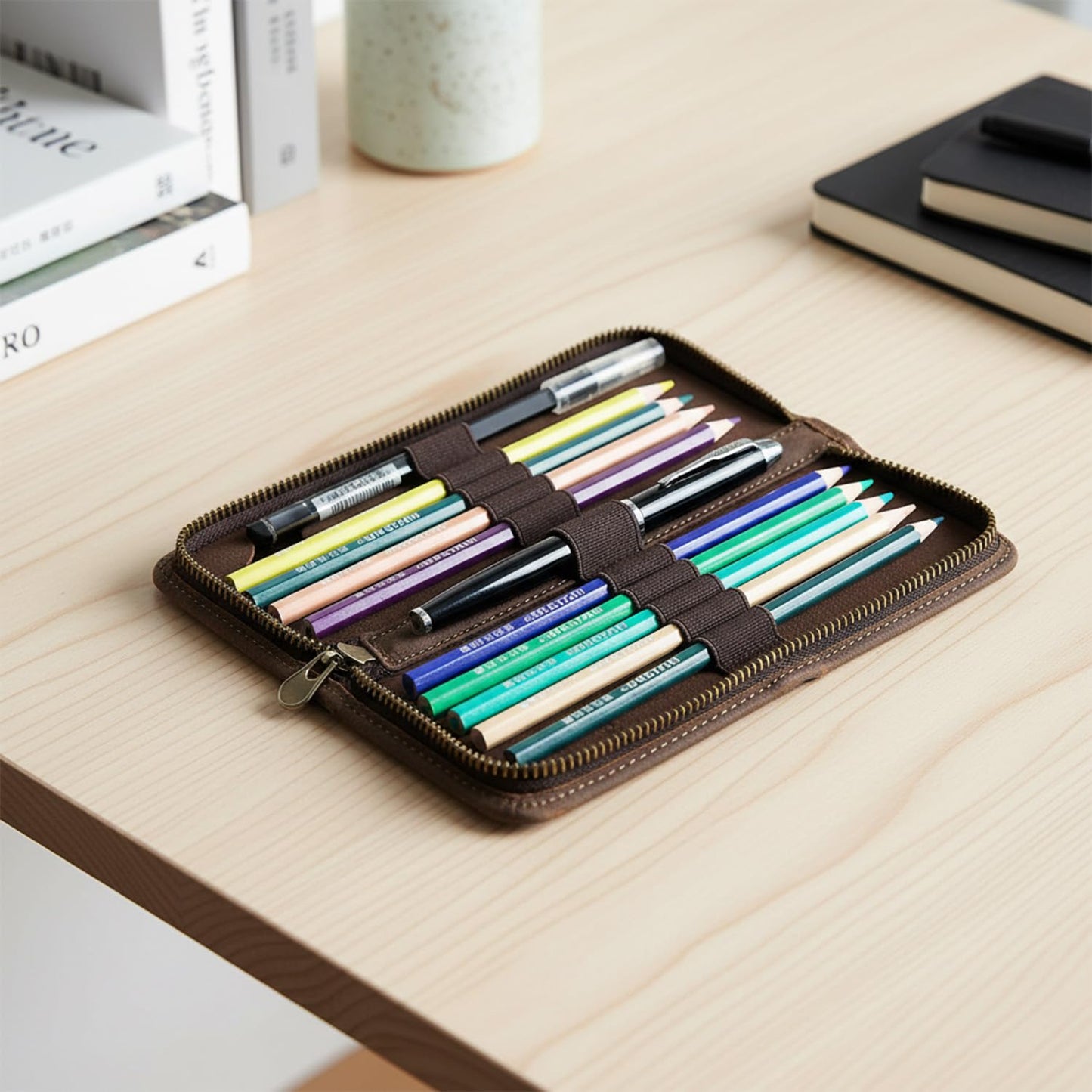 Acidea Genuine Leather Pencil Case Organizer, Coffee Style Leather Storage Pen Pouch for Pencils, Markers, Pens and Art Supplies, 10 Wooden Pencils Portable Pen Case Storage for Man Woman Office
