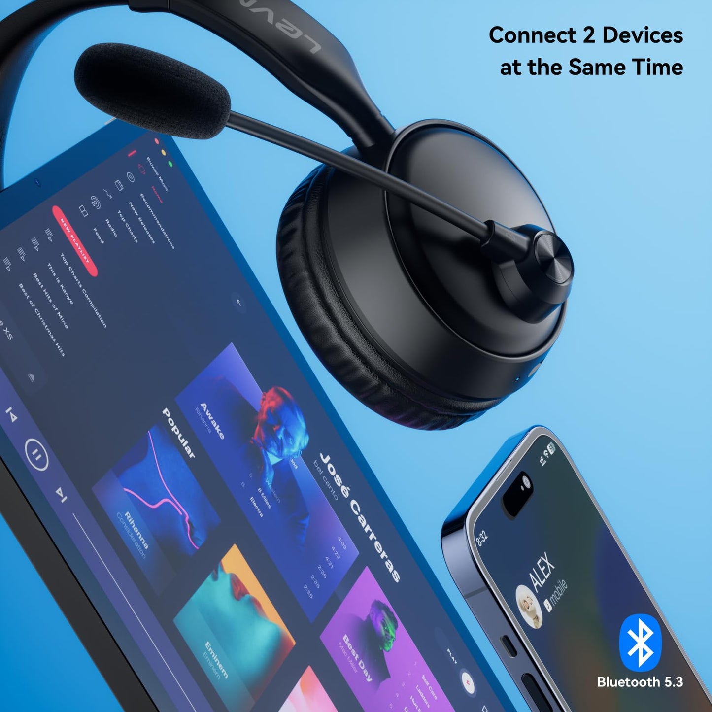 LEVN Bluetooth Headset with Microphone, Wireless Headset with Mic & Mute Button, 60 Hrs Working Time, Noise Cancelling Bluetooth Headphomes 5.3 Multipoint Connect to Cell Phone/Mobile/Laptop/Tablet/PC