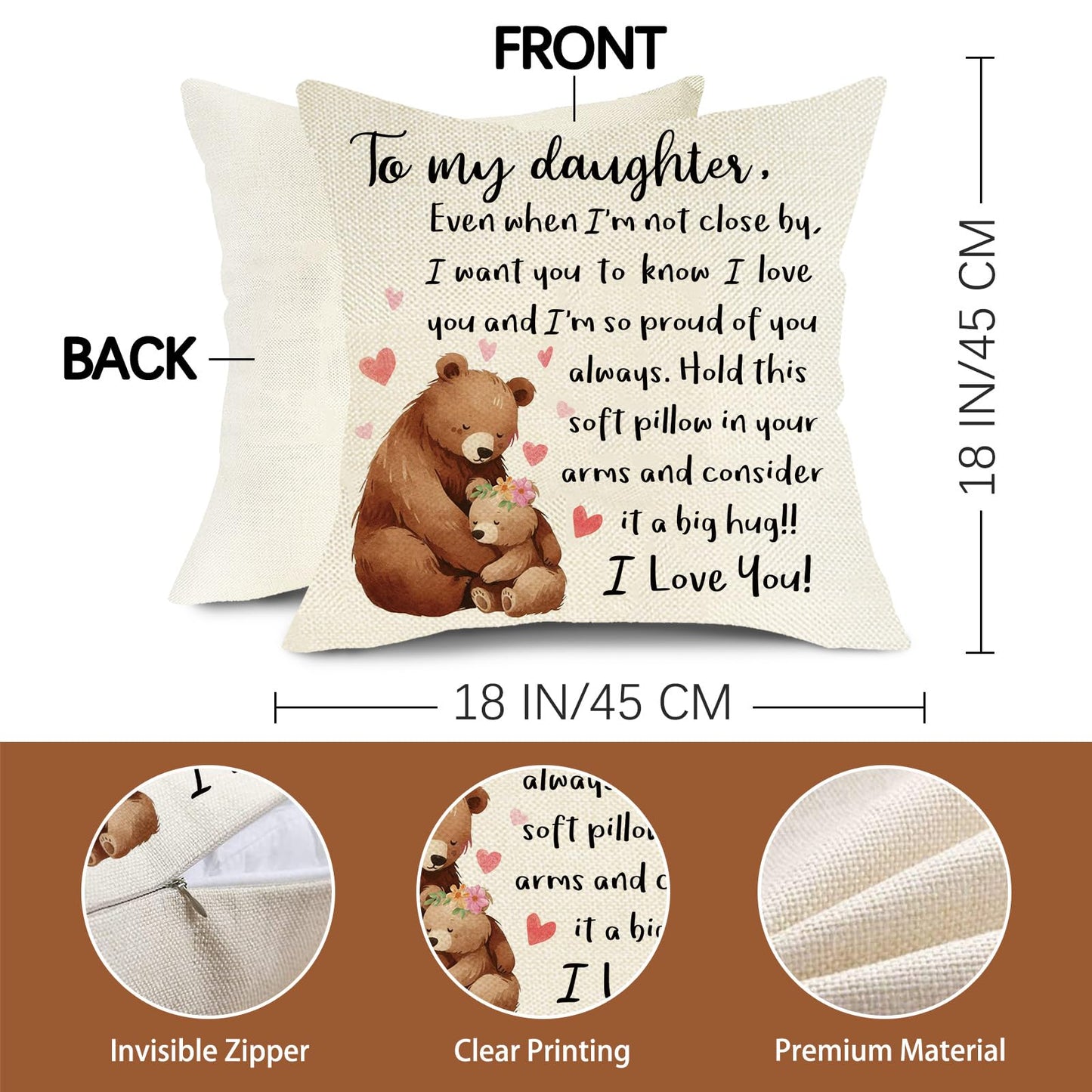Fjfz to My Daughter Gifts from Mom Dad Decorative Throw Pillow Cover 18 x 18, Birthday for Girls Baby Kids, Funny Embrace Bear Nursery Sofa Couch Cushion Case Home Decor