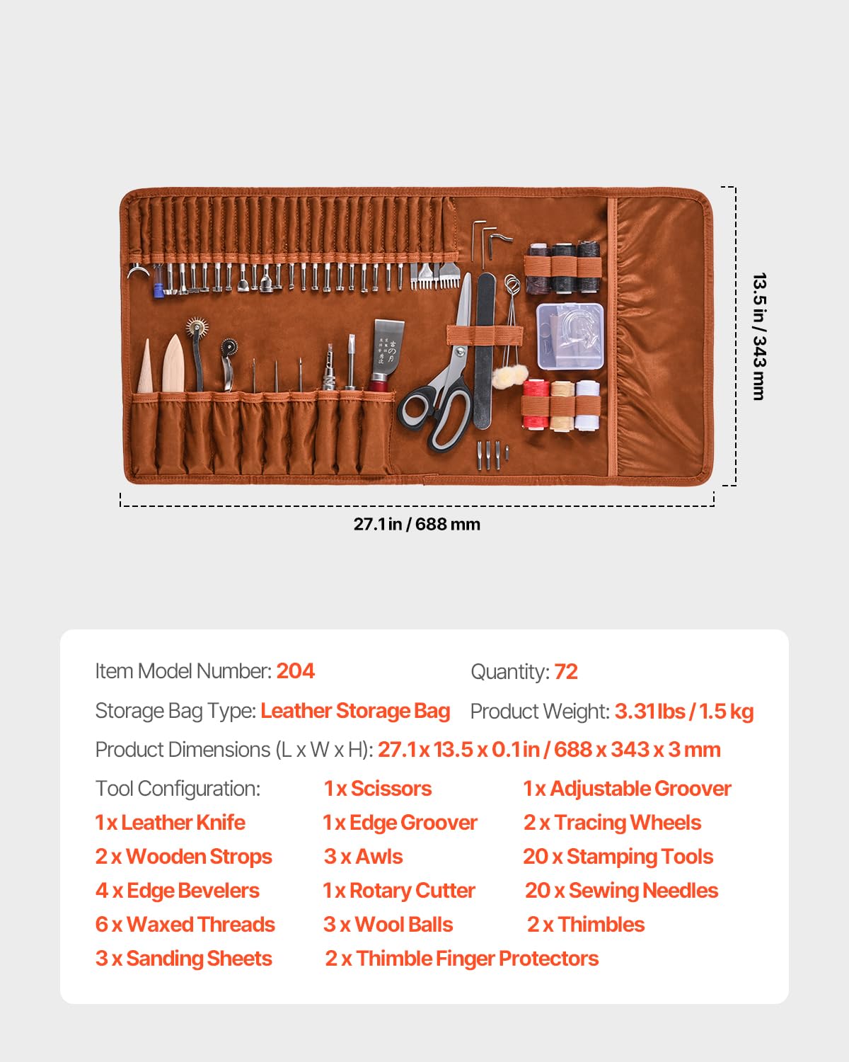 VEVOR Leather Working Tools Kit, 72 PCS with Portable Leather Storage Bag, Engraving Punching Sewing Stamping Sanding Tools, Ideal for Beginners DIY Enthusiasts and Professionals