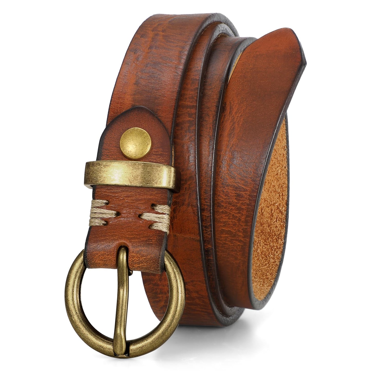 SANSTHS Womens Genuine Leather Belts for Jeans Pants Trendy Vintage Thin Leather Belt Gold Buckle Ladies Skinny Waist Belt,Cognac,M