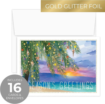 Canopy Street Masterpiece Tropical Sunset Cards / 16 Coastal Holiday Card Set With White Envelopes / 5 5/8" x 7 7/8" Warm Weather Palm Tree Vacation Greeting Cards With Meaningful Inside Verse