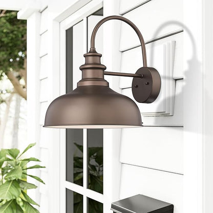Bestshared 14 Inch Dome Gooseneck Barn Light,Farmhouse Wall Sconce, Outdoor Wall Mount Light, Exterior Lighting Fixture, Porch Lantern for Entryway, Garage,Patio (ORB+White, 14” Dome-1Pack)