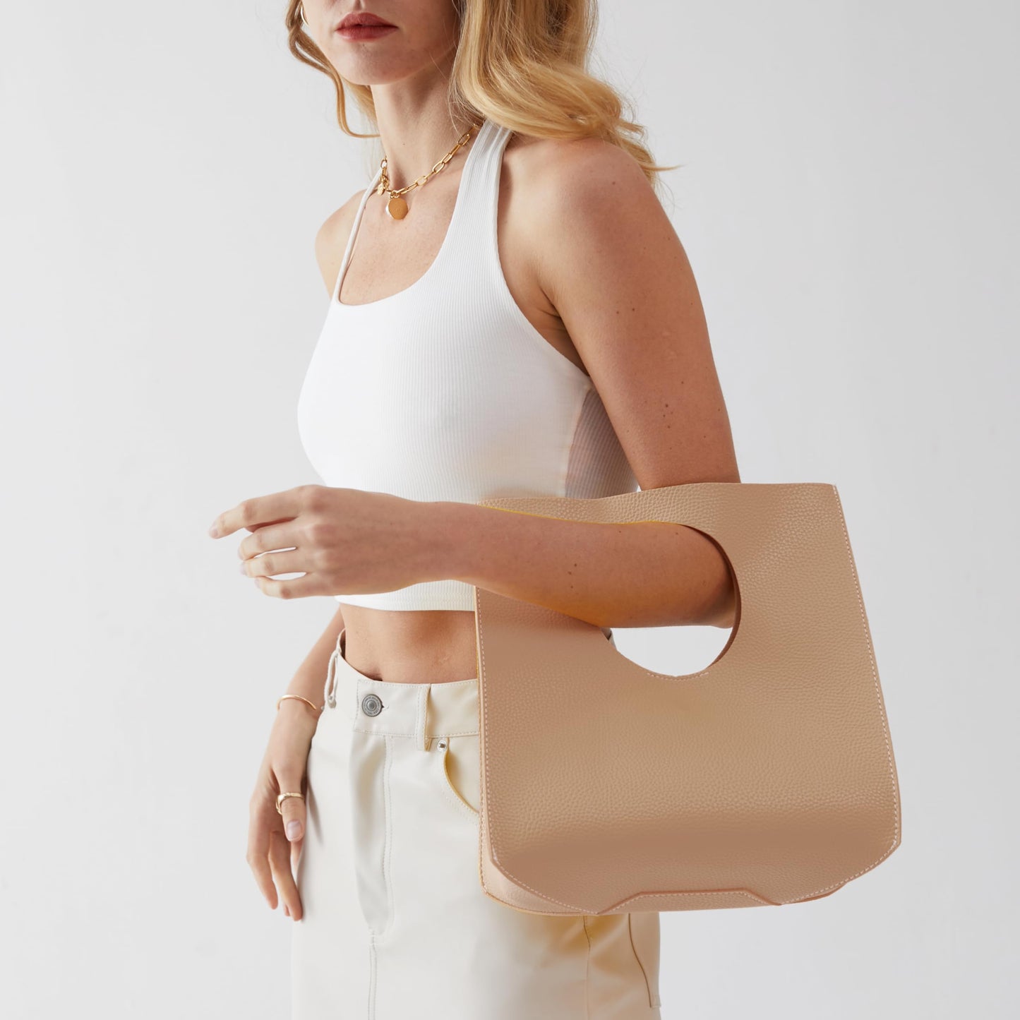 HOXIS Vintage Minimalist Style Soft Pu Leather Handbag Clutch Small Tote (Nude)