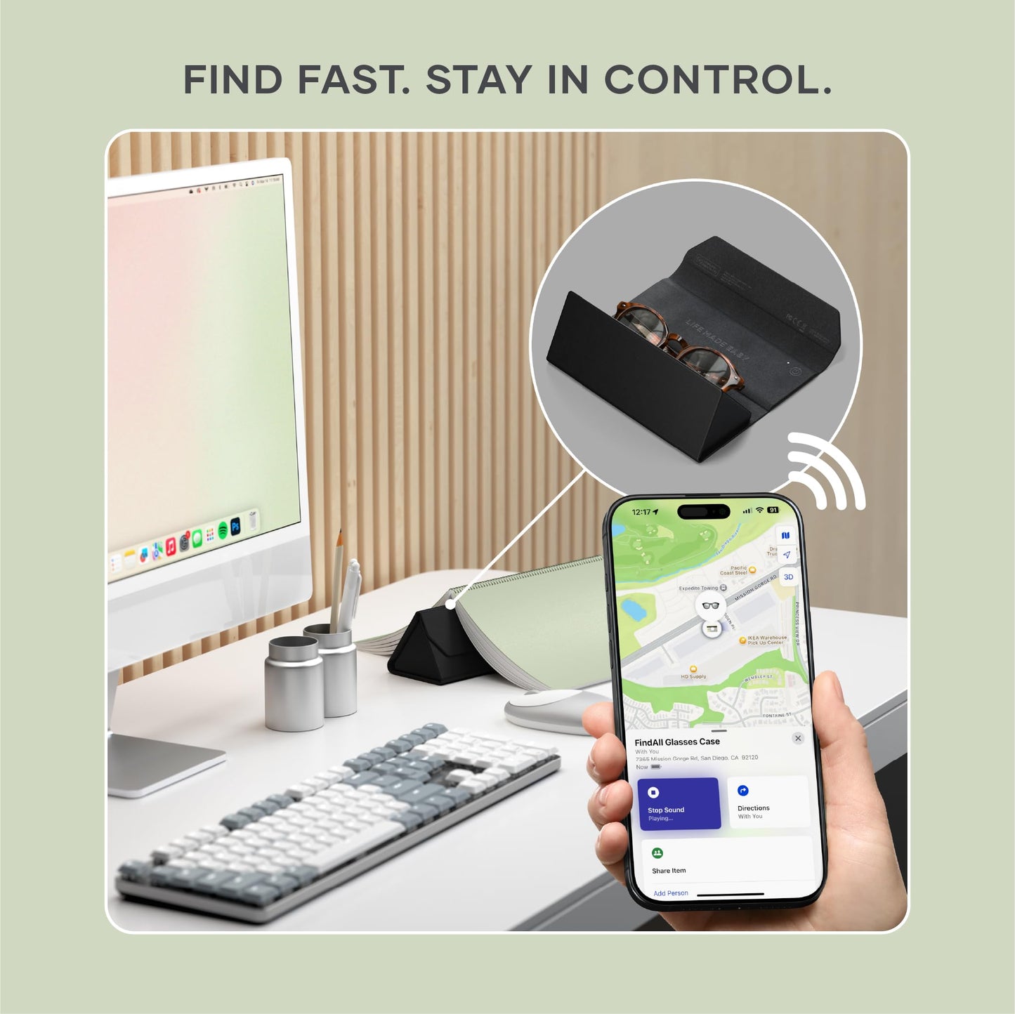 Satechi FindAll Smart Glasses Case with Find My, Foldable & Portable, Wireless Rechargeable, Left-Behind Alerts, Loud Audible Chime, Compatible with Most Glasses & XR/AR Glasses – Black