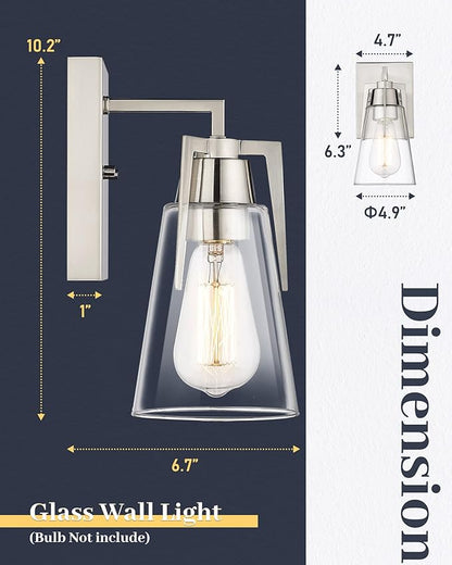 EAPUDUN Bathroom Light Fixtures, Modern Farmhouse 1-Light Bathroom Vanity Light Fixtures, Indoor Wall Lamp in Brushed Nickel Finish, Clear Glass Shade Wall Sconces, WLA1395-BNK