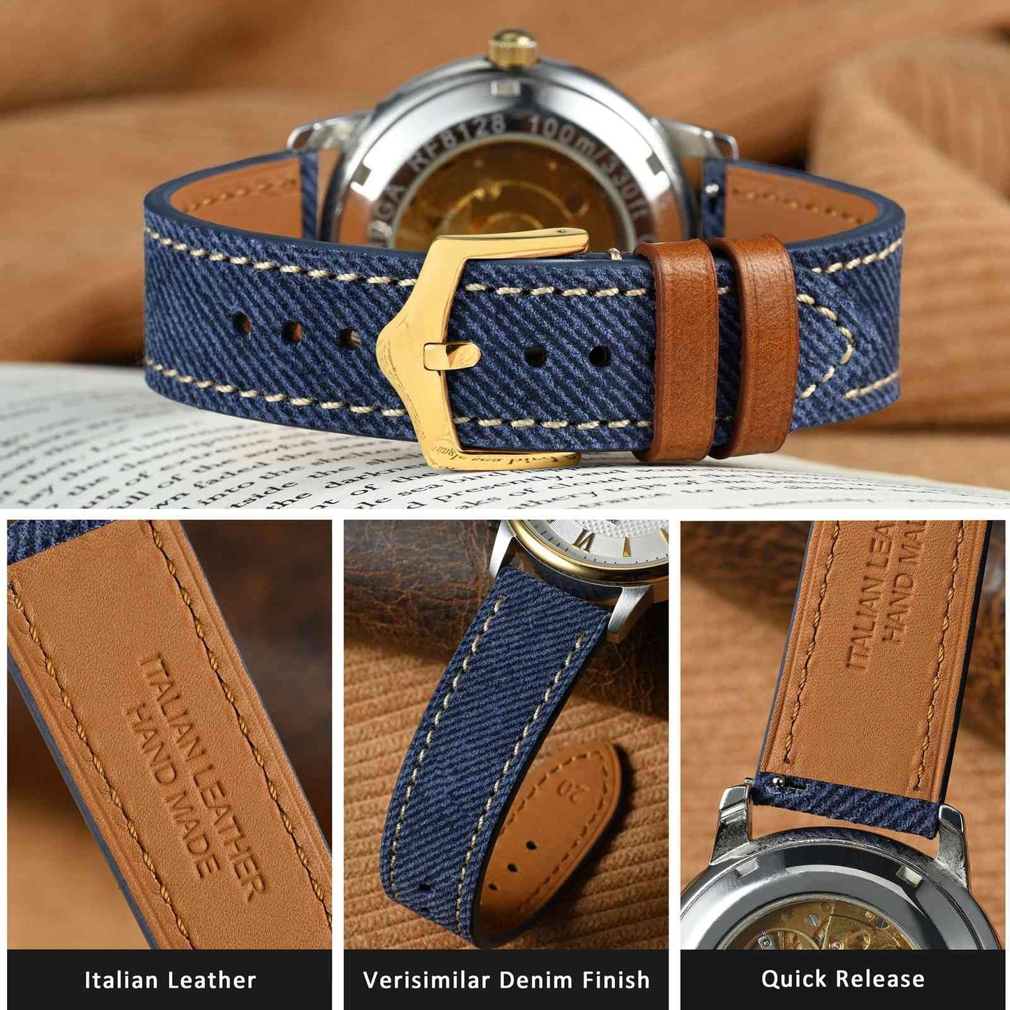 WOCCI 20mm Watch Band, Italian Leather, Denim Pattern, Golden Buckle (Denim Blue)