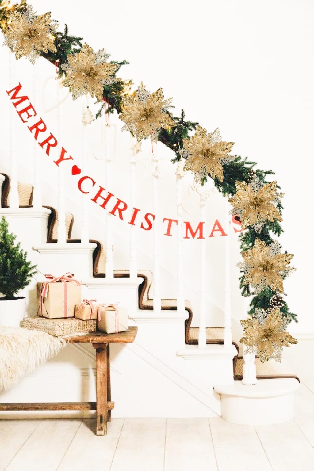Briful 6PCS Poinsettias Christmas Tree Flowers 9.8'' Artificial Christmas Floral Picks and Sprays Large Gold Silk Flowers with Stems for Xmas Home Vase Table Centerpiece Garland Decor