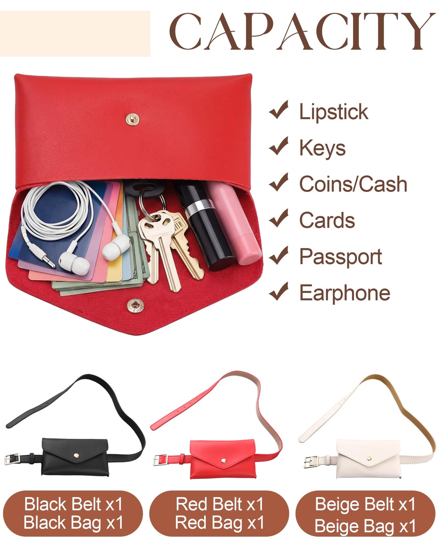 Shihanee 3 Pcs PU Leather Waist Belt Bags for Women Adjustable Fashion Mini Waist Pouch Equestrian Belt Bags for Fashion Party Riding Hiking Daily Use Y2k Accessory (Black,Beige,Red)