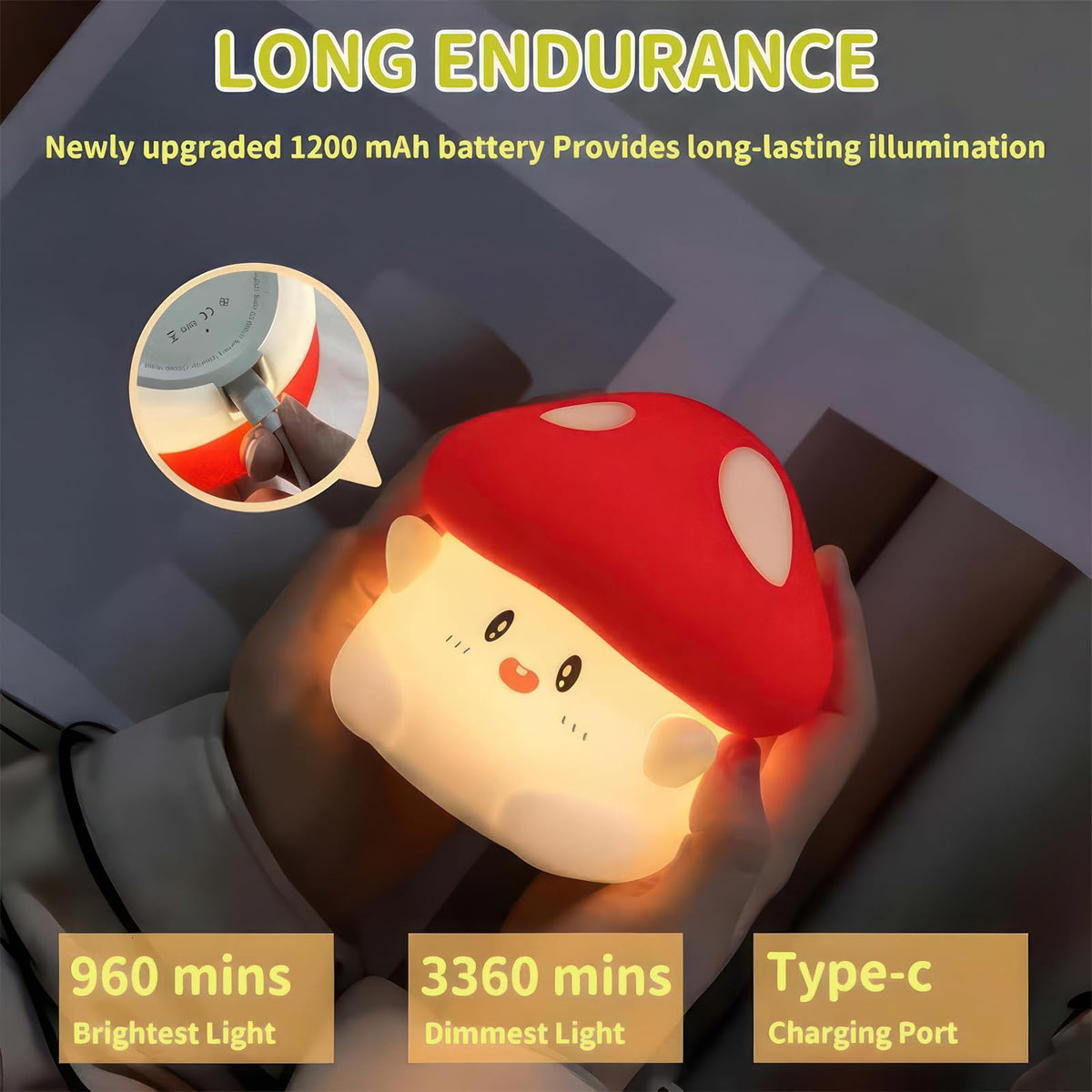 BemeedLigt Cordless Mushroom Lamp, Adorable Mushroom Night Light, Soft Silicone Dimmable Night Light for Kids Baby Rooms,Rechargeable Touch Desk Lamp with Timer for Nursery, Dorm Decor