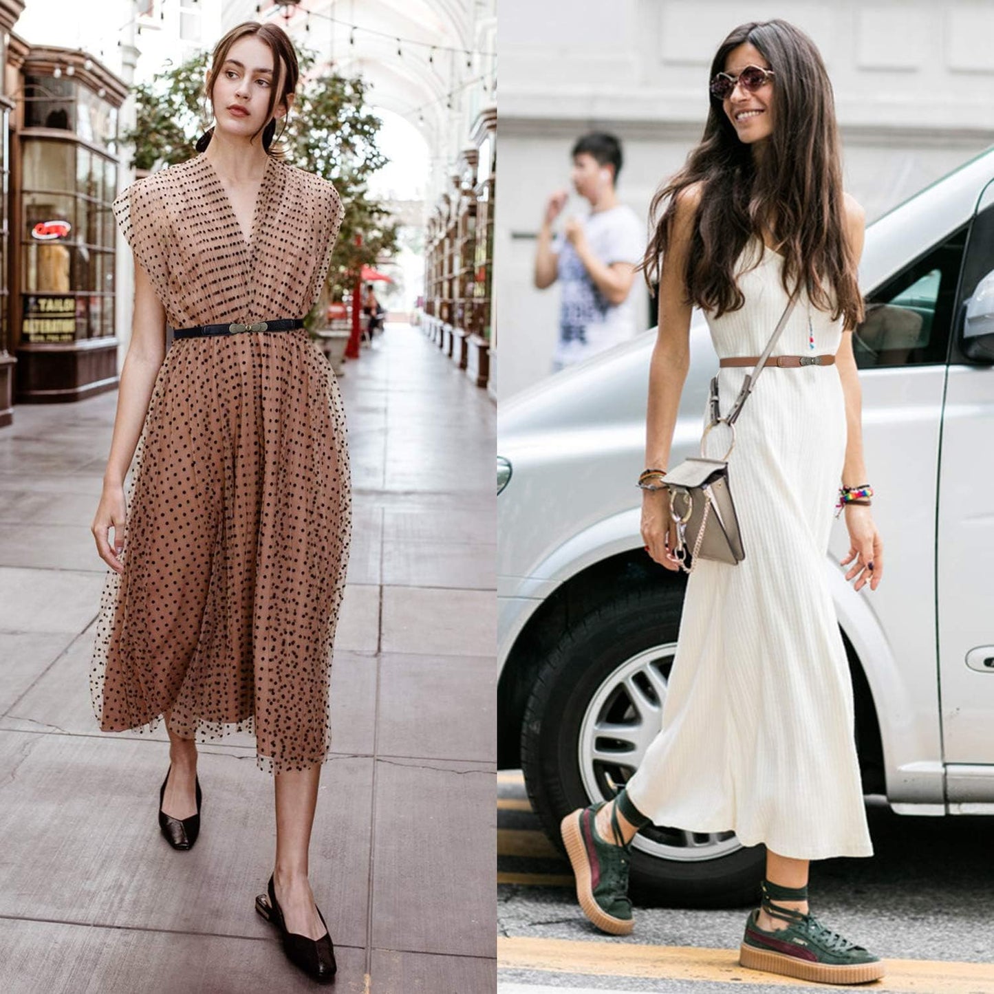 JASGOOD Women Skinny Elastic Stretch Belts for Dresses Retro Ladies Waist Vintage Thin Belts 2 Pack, Brown+ Black
