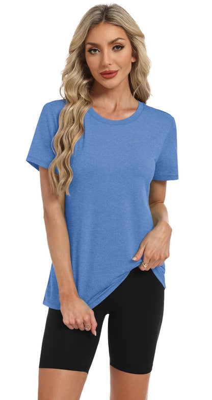 NIASHOT Summer Tops for Women 2025 Short Sleeve Workout Clothes Athletic Shirts Pilates Outfits Camisetas Deportivas para Blue L