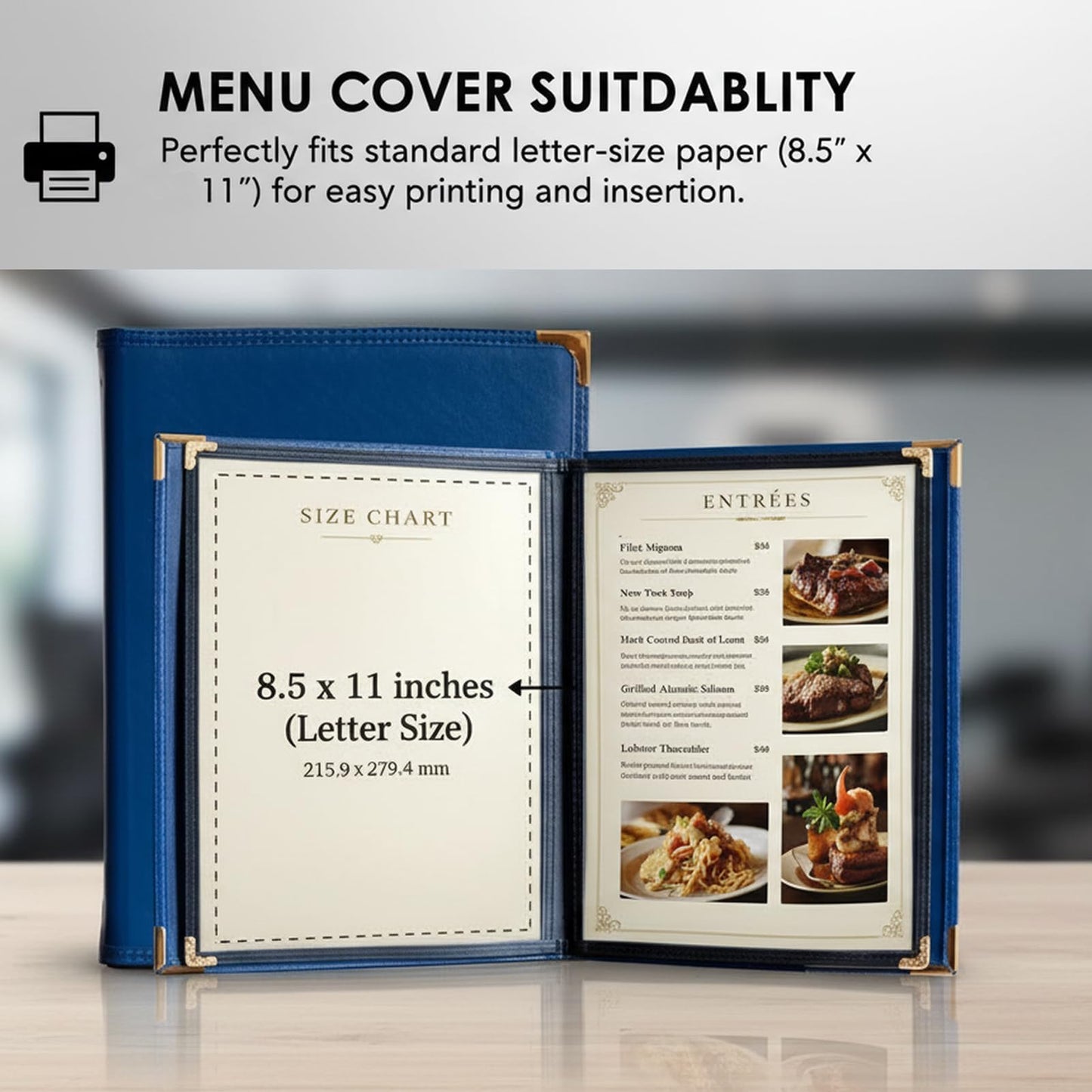 2-Pack Menu Covers 8.5x11 Inch, Navy Blue Leather Menu Holder for Restaurant Hotel, 2 Pages 4 Views Menu Book for Wine List, Dinner, Banquet & Catering