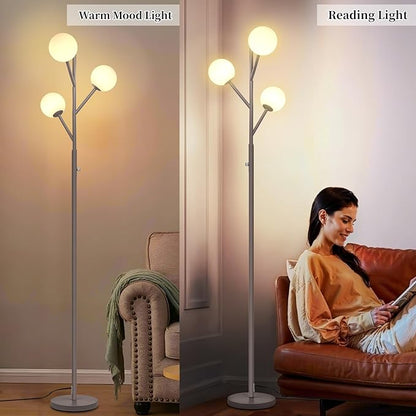 Dimmable 3-Globe Mid Century Modern Floor Lamp, Bulbs Included,70in Tall Silver Standing Floor Lamp with Frosted Glass Shade for Living Room,Office Bedroom, Study Room, Hotel, (dimmer-Silver)