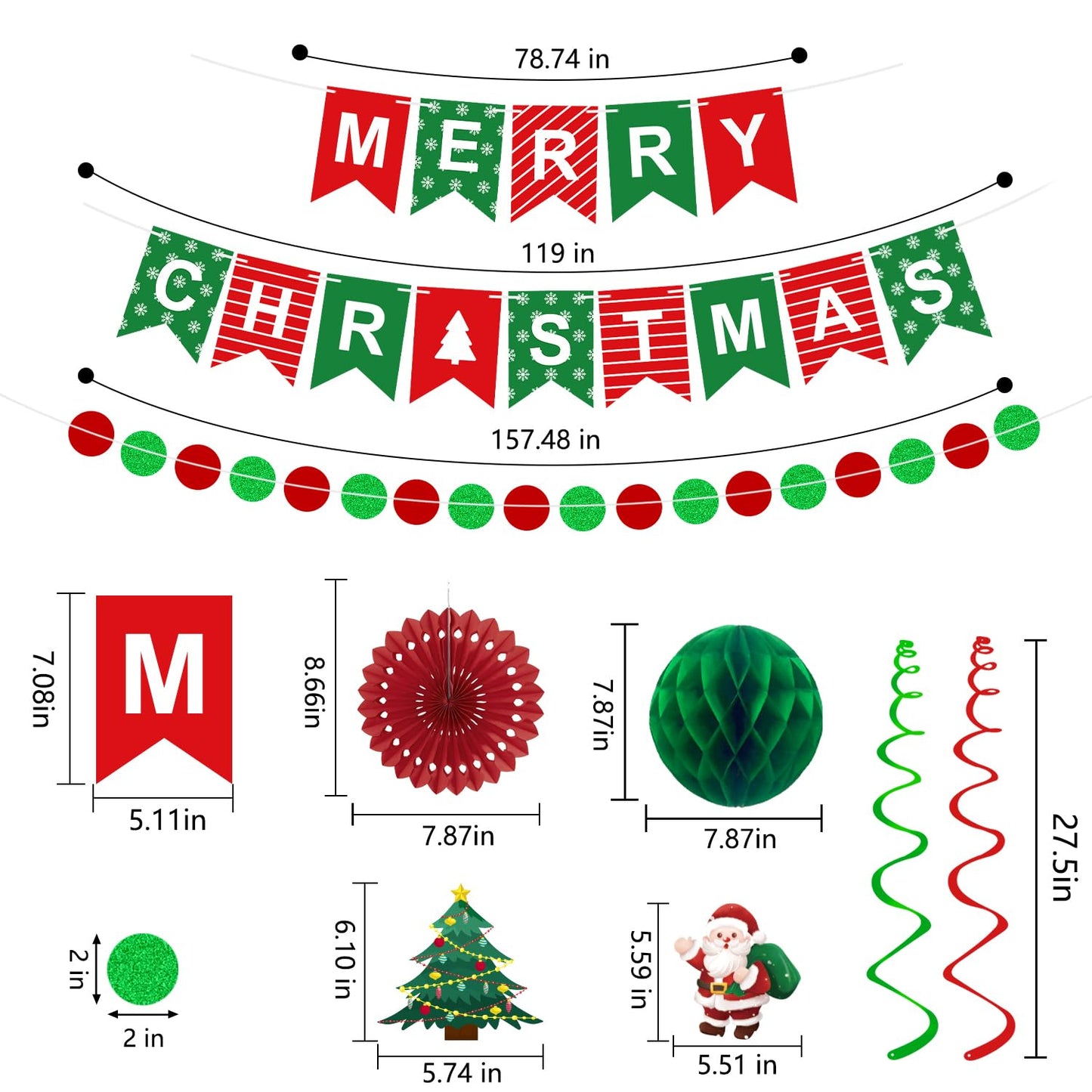 25pcs Christmas Party Decorations Merry Christmas Banner Paper Fan Garlands String Circle Dot Honeycomb Ball Swirl Streamers Snowman Santa for Xmas Decorations Indoor Home Decor