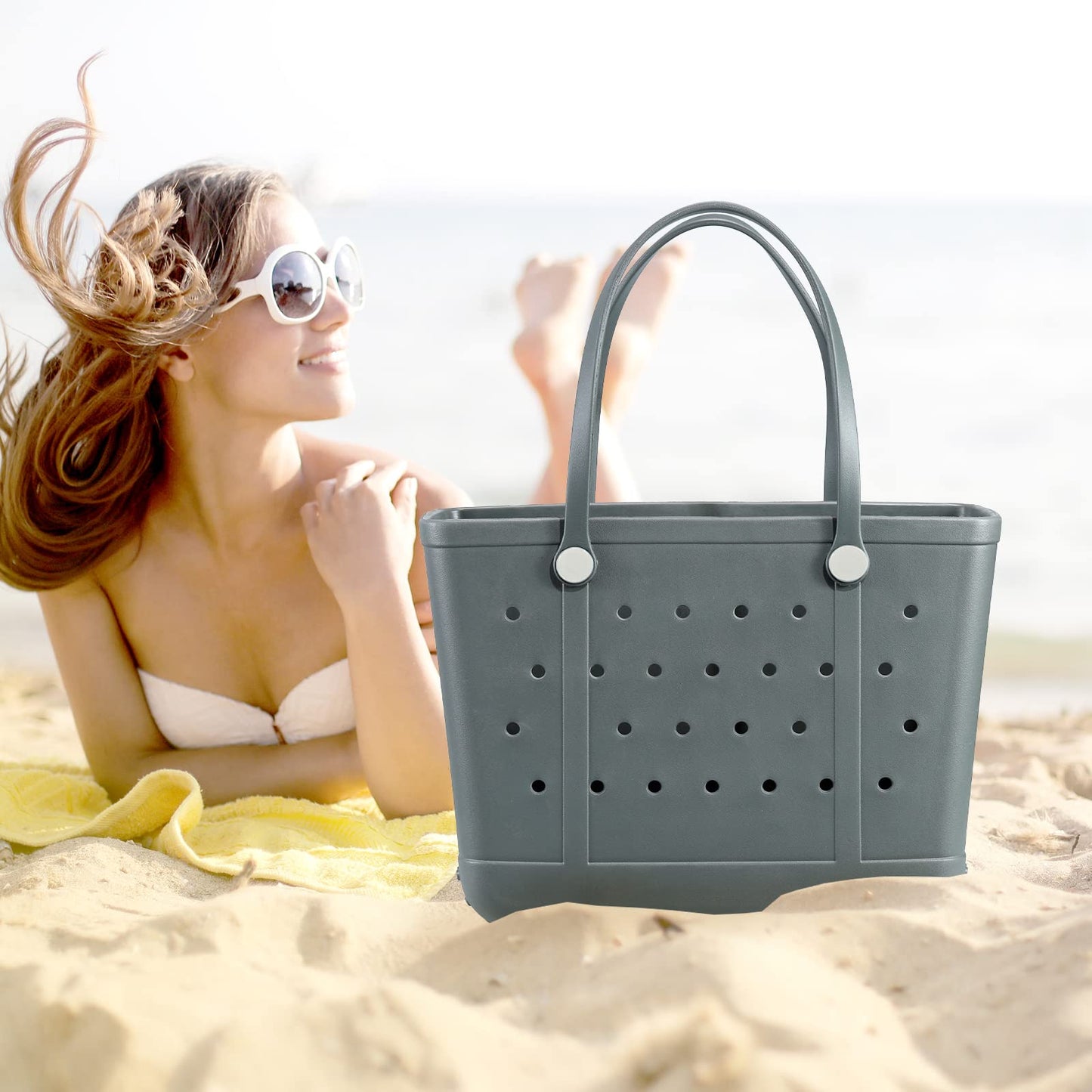 Juyeesm X Large Beach Bag, Oversized Rubber Beach Bag, Washable Open Tote Bag Durable Tote Travel Bags for Outdoor Sport