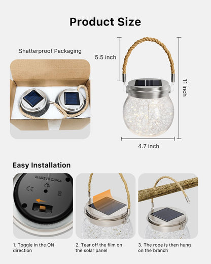 2 Pack Solar Crackled Glass Globe Lights Outdoor Waterproof Hanging Round Balls Lanterns with Warm White LED, Decorative for Outside Trees Garden Patio Yard, Individually Packaged and Double-Sealed