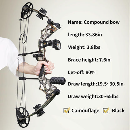Compound Bow and Arrow Set for Adults Archery Shooting Bow Adjustable 30-65lbs Composite Bow Combination 19.5"-30" Draw Length Hunting Equipment