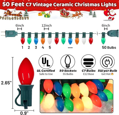 Christmas Decorations - 50 Feet C7 Vintage Christmas Lights Multicolor Christmas Tree Lights Outdoor Christmas String Lights with 50+5 Pack Bulbs for Christmas Tree Home Patio Yard Decor, E12 Base