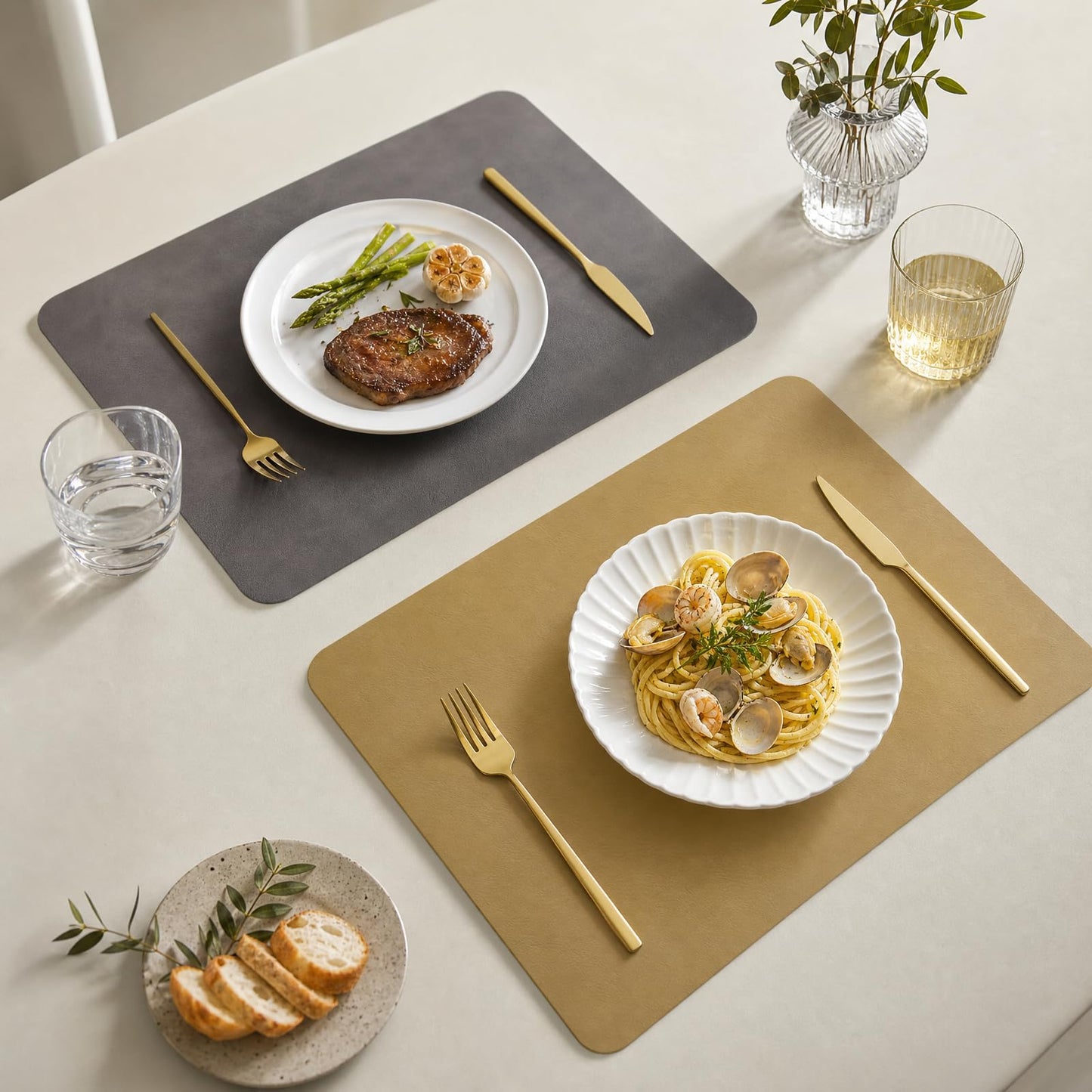 ZEUMIE Reversible PU Leather Placemats Set of 6, Double-Sided Waterproof Heat-Resistant Table Mats, Non-Slip Washable Dining Placemats for Kitchen, Restaurant, Party (Dark brown & yellow, 17.5"x11.8")