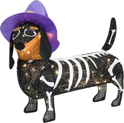 Pre-lit 25.5 Inches Long Halloween Skeleton Dachshund Dog with Witch Hats with Twinkle Lights Indoor Outdoor Decorations Halloween Decorations Lights for Home Garden Party Yard Decor Black