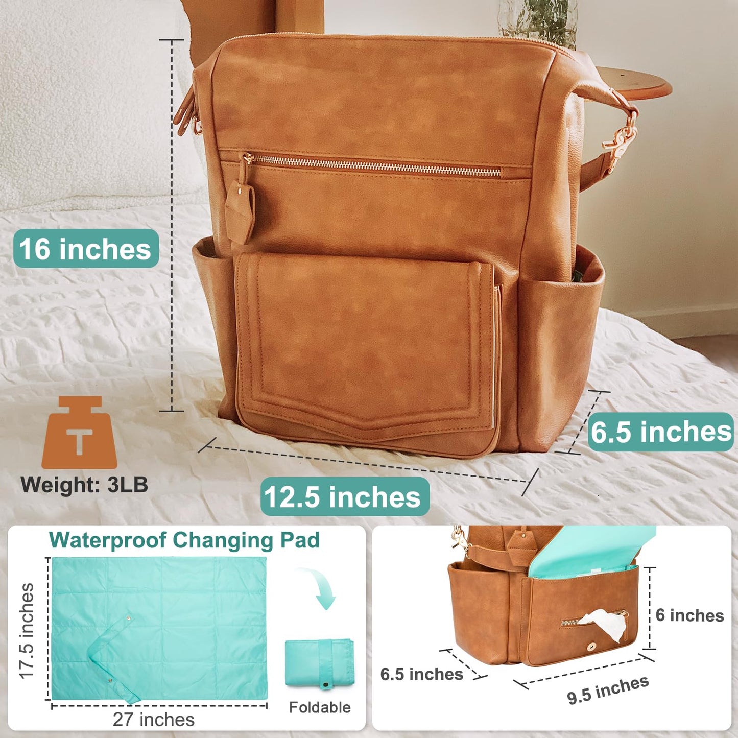 MOMINSIDE Diaper Bag - Leather Convertible Backpack Hobo, Large Mom Baby Bag, 14 Pockets, 6 Bottle, Wipes, Insulated (Brown)