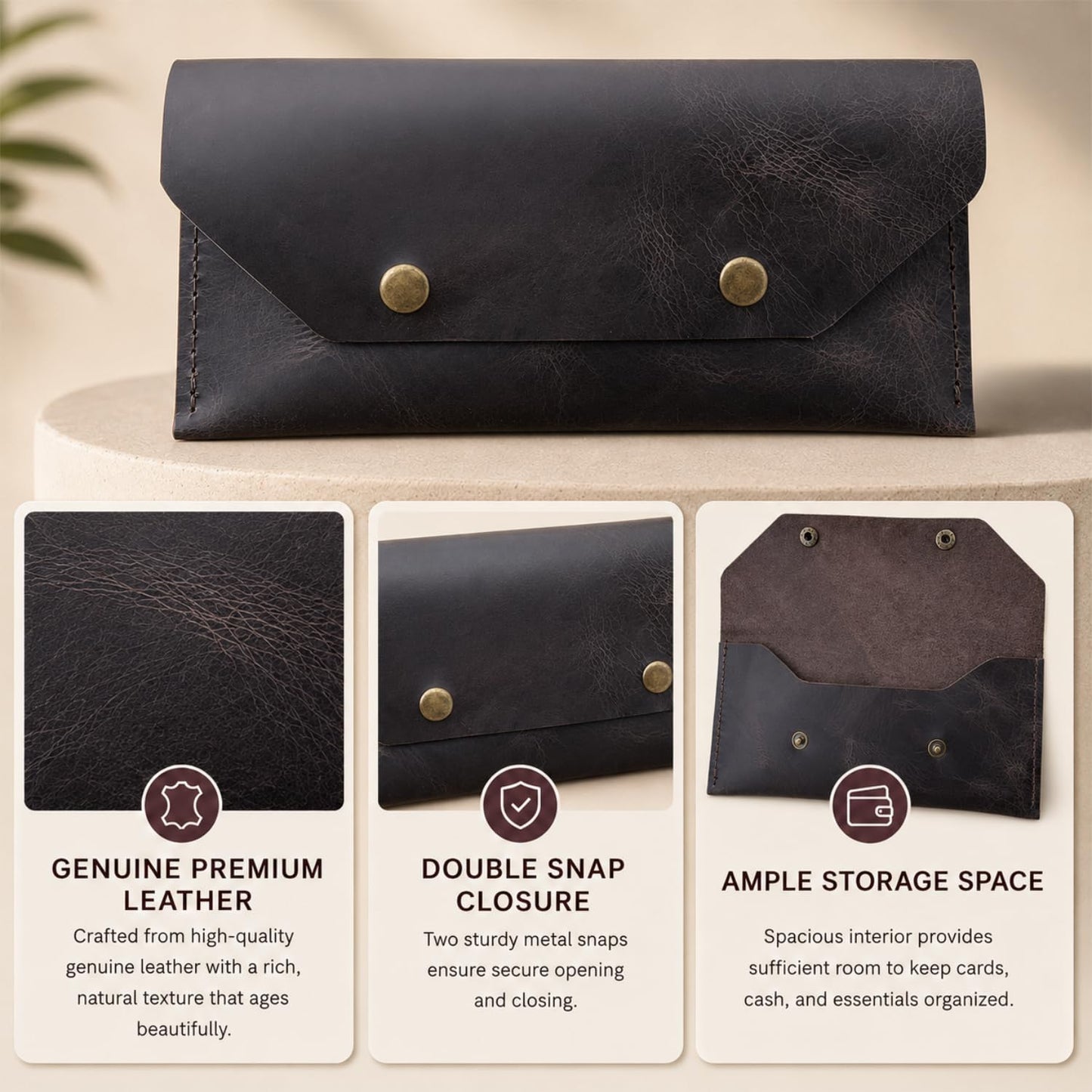 ZEMARS Genuine Leather Cash Envelope Wallet, Two Snap Money Pouch for Men and Women, Reusable Budget Envelope Wallet, Slim Organizer for Cash, Cards, Receipts, Checks and Keys (Dark Brown)