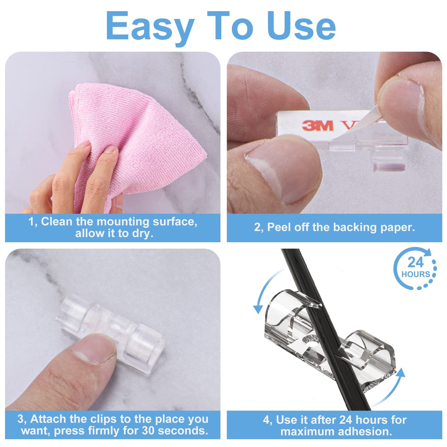 Adhesive Cable Clips Clear (40PCS, M), Upgraded Wire Holders for Wall, Strong Cord Organizer Under Desk, Car, PC, Christmas Light Indoor/Outdoor