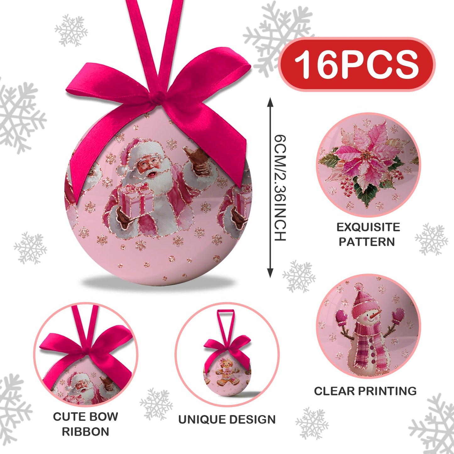 Pink Christmas Decor - Pink Christmas Tree Decorations Snowman Santa Candy Hanging Ornaments Balls, Cute Decorations Ball 2.36 Inch for Xmas Tree Party Home Holiday，Xmas Gifts Set of 16Pcs