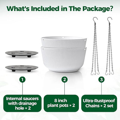 T4U Hanging Planter Self Watering 8 Inch, 2 Pack White Indoor Outdoor Hanging Plant pots, Hanging Flower Pot with Drainage Hole & Plug & Chain with 3 Hooks for Garden Home Decor