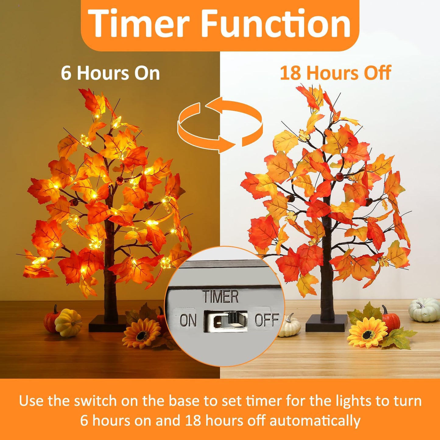 Joyhalo 2 Pack 23.5 Inch Fall Trees with Lights, Timer Battery Operated Fall Light Up Tree for Thanksgiving Autumn Home Office Room Indoor Decorations, Faux Fall Lighted Maple Trees Decor