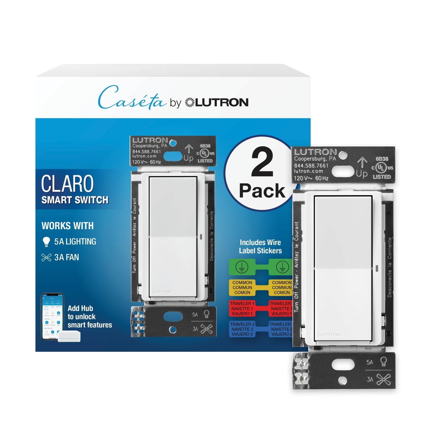 Lutron Claro Smart Light Switch for Caseta Lighting, for LED Lights, Fans, 5 Amp, Single-Pole/3-Way, Neutral Required, DVRF-5NSS-WH-2, White, 2 Pack
