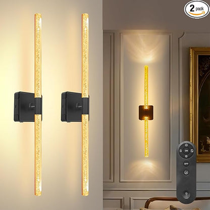 25in Crystal Battery Operated Wall Sconces Set of Two, [Sunset Glow Ambiance & 8000mAh Removable Battery] Dimmable 2700K–6000K, Touch/Remote Control, Wireless Wall Lamps for Home Decor–Black