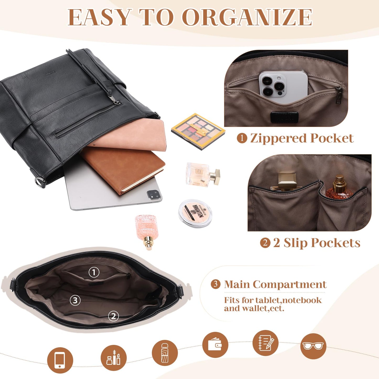 VASCHY Hobo Bag for Women, Roomy Leather Shoulder Purse with Wallet Set, Tote Bag with Guitar Strap, Ideal Gift for Women