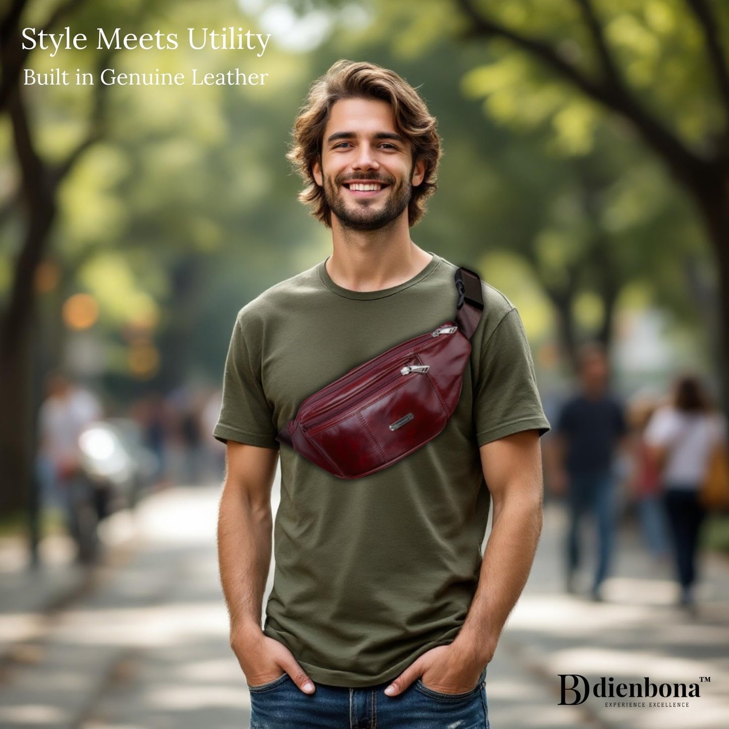 Genuine Leather Fanny Pack Bum Bag for Men – Crossbody Sling Waist Bag with 3 Pockets & Hidden Anti-Theft Pocket, Adjustable Strap, Lightweight Travel Hip Bag for Hiking, Outdoor & Daily Use (Navy)