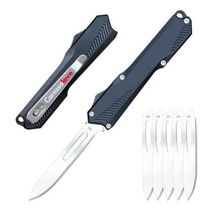 Caressolove Automatic Scalpel Pocket Knife For Daily Tasks, Small Auto Retractable Knife Push Button, 5PCS #60 Mini Razor Blades Utility Knife, EDC Replaceable Blade Box Cutter with Clip