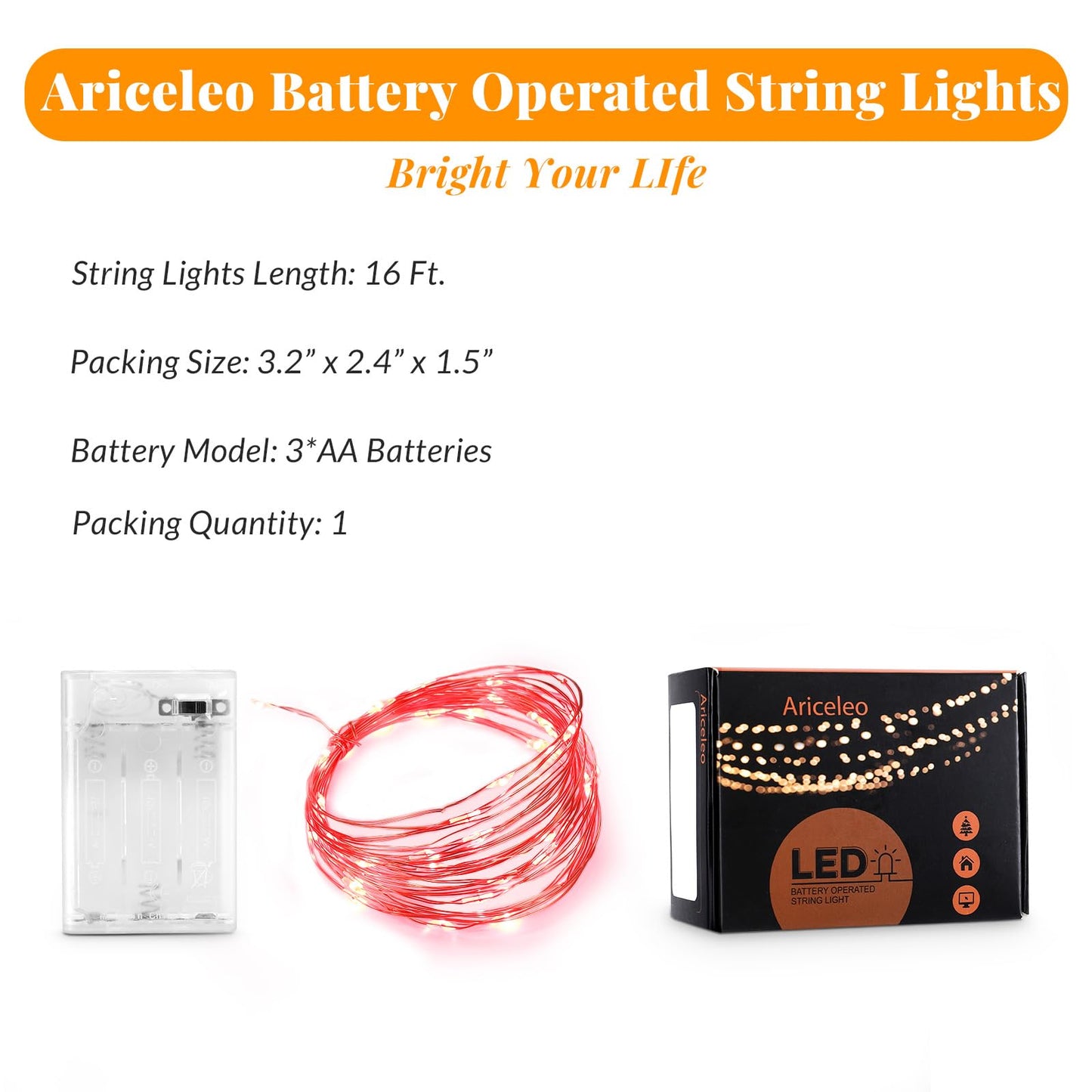 Ariceleo Led Fairy Lights Battery Operated, 1 Pack Mini Battery Powered Copper Wire Starry Fairy Lights for Bedroom, Christmas, Parties, Wedding, Centerpiece, Decoration (5m/16ft Red)
