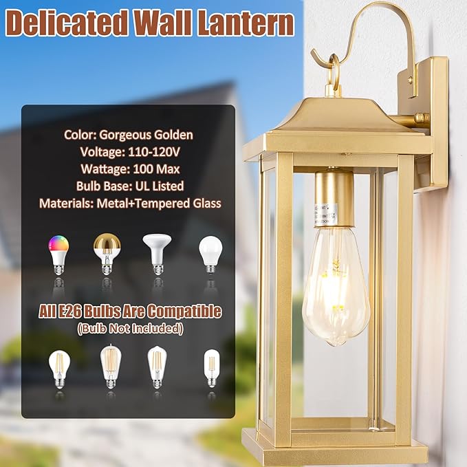 17 Inch Large Gold Outdoor Sconces Wall Lighting 2-Pack, Exterior Light Fixtures IP65 Waterproof Anti-Rust, Brass Porch Lights Clear Glass Outdoor Coach Lanterns Outside Wall Mounted Lamps