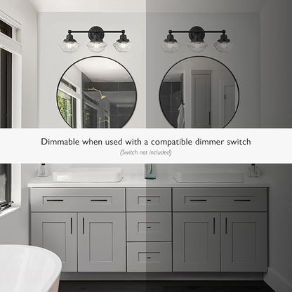 Design House Vintage-Inspired Schoolhouse 3-Light Dimmable Vanity Light, 23.125 in x 7.625 in x 9.5 in, Matte Black, Clear Seeded Glass Shades, 589143-BLK