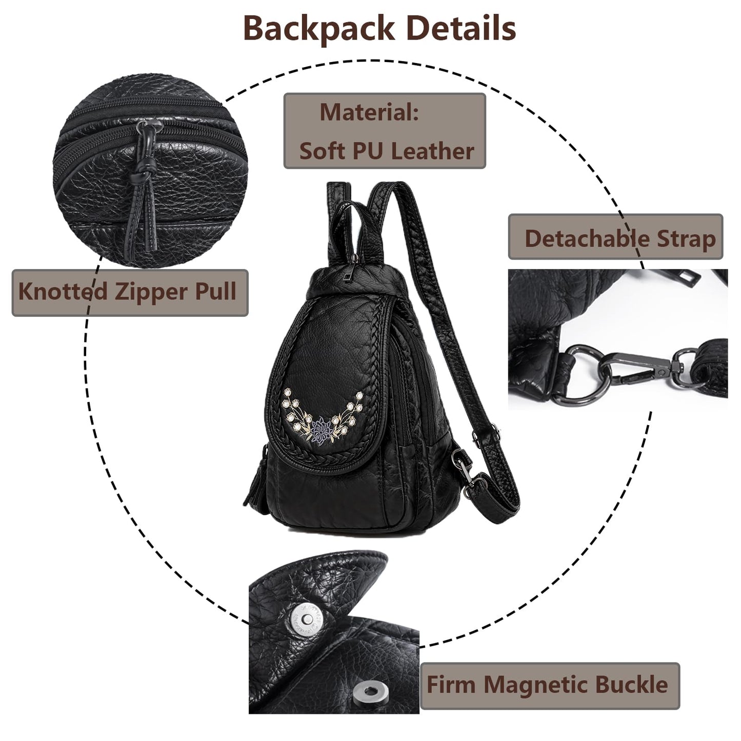 HUAZHIMAO Mini Backpack for Women, Soft Washed PU Leather Small Backpack Purse for Women, Waterproof Fashion Shoulder Bag, Ladies Travel Black Rucksack Handbags Bags with Beautiful Flower Pattern