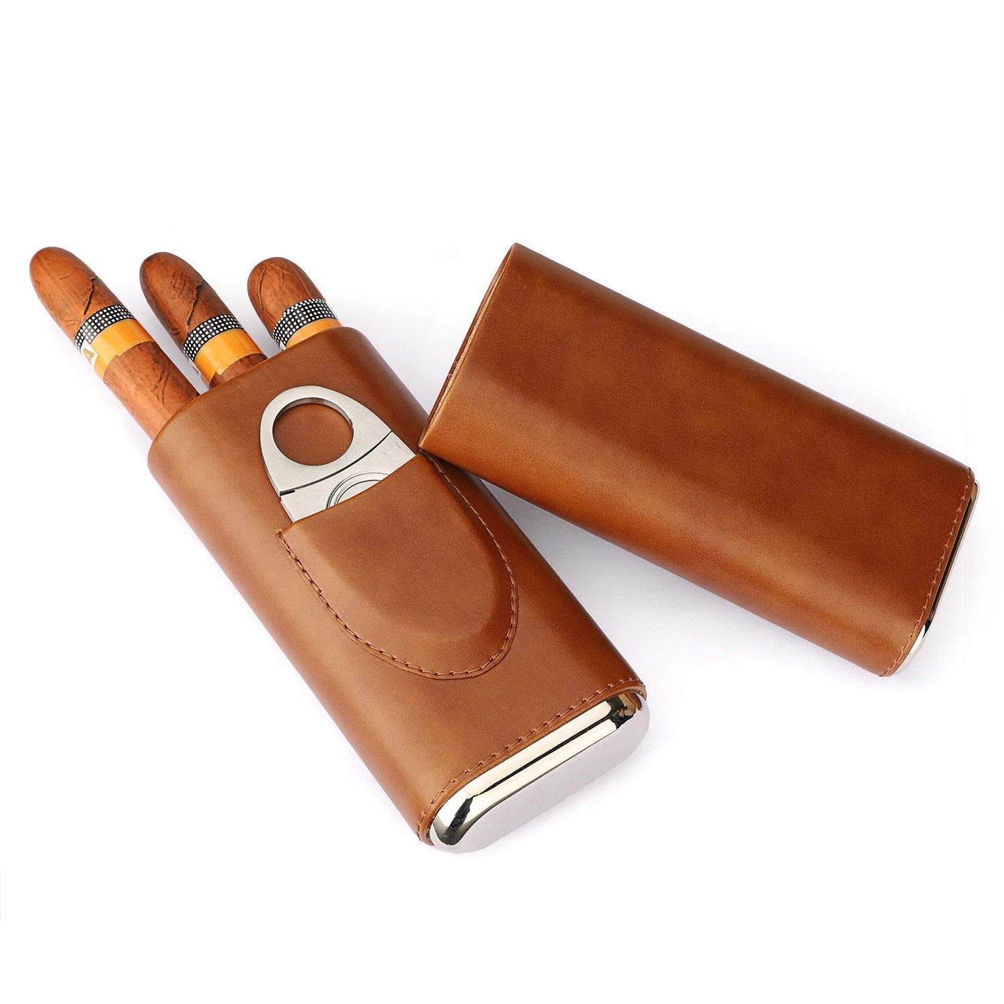 Time C club M Cigar Case Travel 3- Finger Elegant Leather Cigar Case with Cedar Wood Lined Cigar Cutter