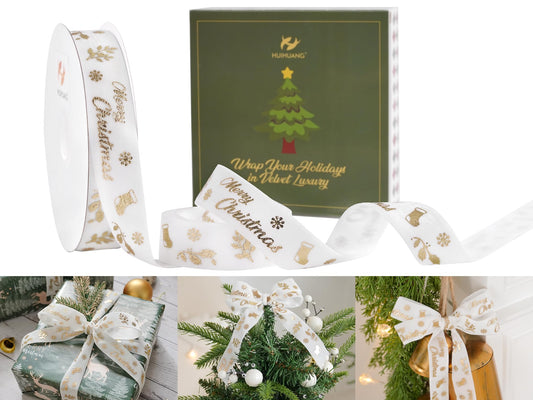 HUIHUANG 1 inch Christmas Velvet Ribbon White Velvet with Gold Printed Merry Christmas Ribbon for Gift Wrapping, Tree Ornaments, Wreaths, Garlands, DIY Crafts, Home Decor- Continuous 10 Yards