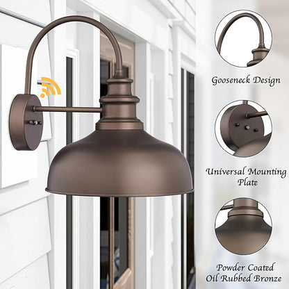 Bestshared 14 Inch Dome Dusk to Dawn Sensor Gooseneck Barn Lights Farmhouse Outdoor Wall Sconce Industrial Outdoor Wall Lights Exterior Lighting Fixture for Front Door, Entryway (ORB+White, 14"-1Pack)