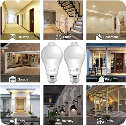 AmeriTop Motion Sensor Light Bulb- 2 Pack, 10W(60W Equivalent) 806lm Motion Activated Dusk to Dawn Security LED Bulb; UL Listed, A19, E26, Auto On/Off Indoor Outdoor Lighting (2700K Soft White)