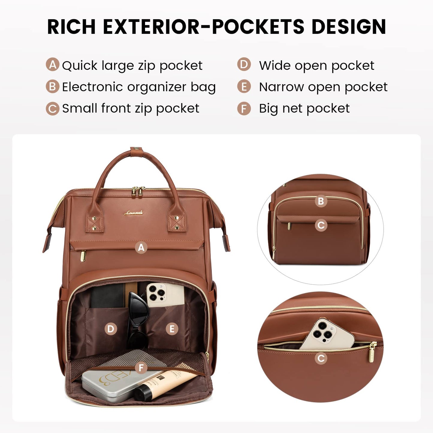 LOVEVOOK Leather Laptop Backpack for Women 15.6 inch,Travel Purse Nurse Teacher Carry On Backpack Computer Bag,Professional College Business Work Bags with USB Port,Brown