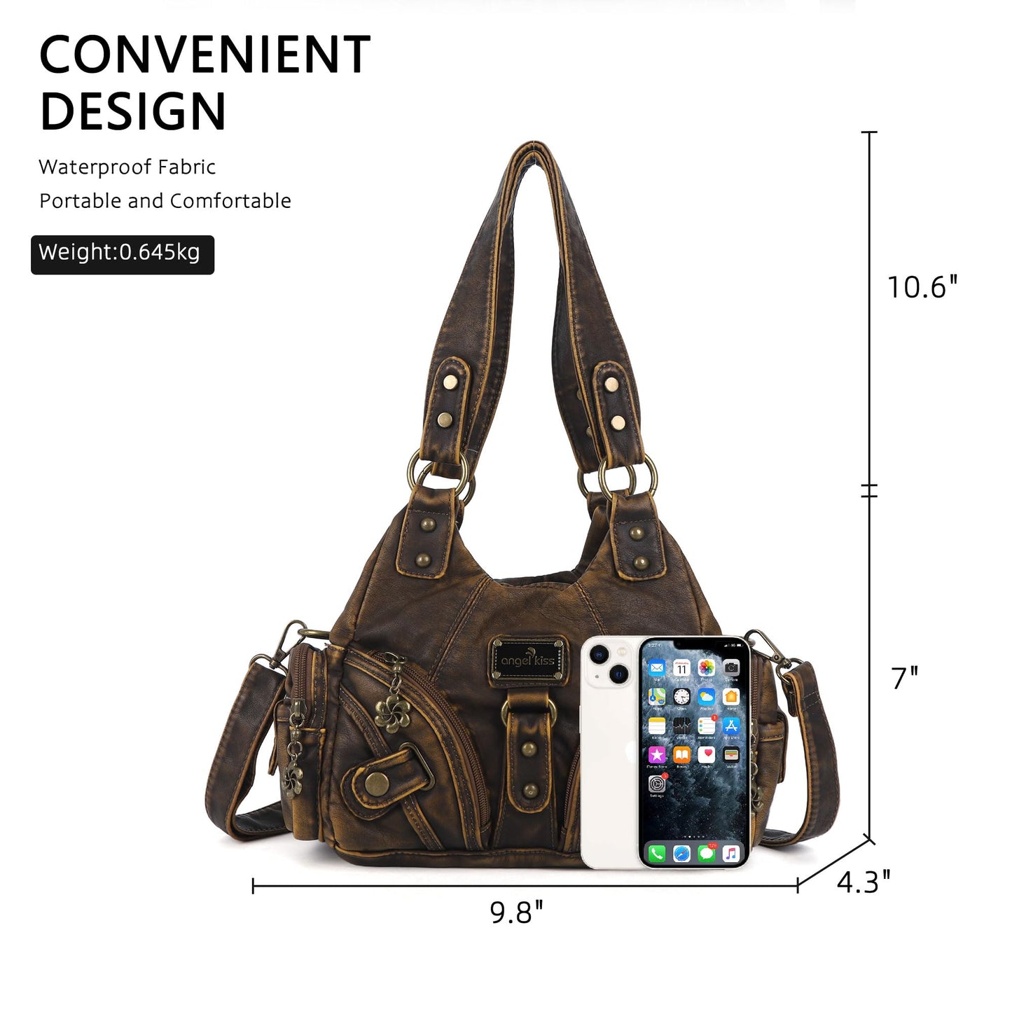 Angel Kiss Purses for Women Small Hobo Shoulder Bags Vagen Leather Multi-Pocket Tote Bag with Zipper (Retro Brown)