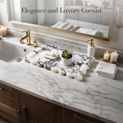 SAMAH Calacatta Viola Natural Marble Tray, Scalloped Bathroom Tray, Luxury Decorative Trays for Bathroom, Vanity, Dresser, Kitchen & Home Decor, Housewarming Gifts New Home (Rectangle)