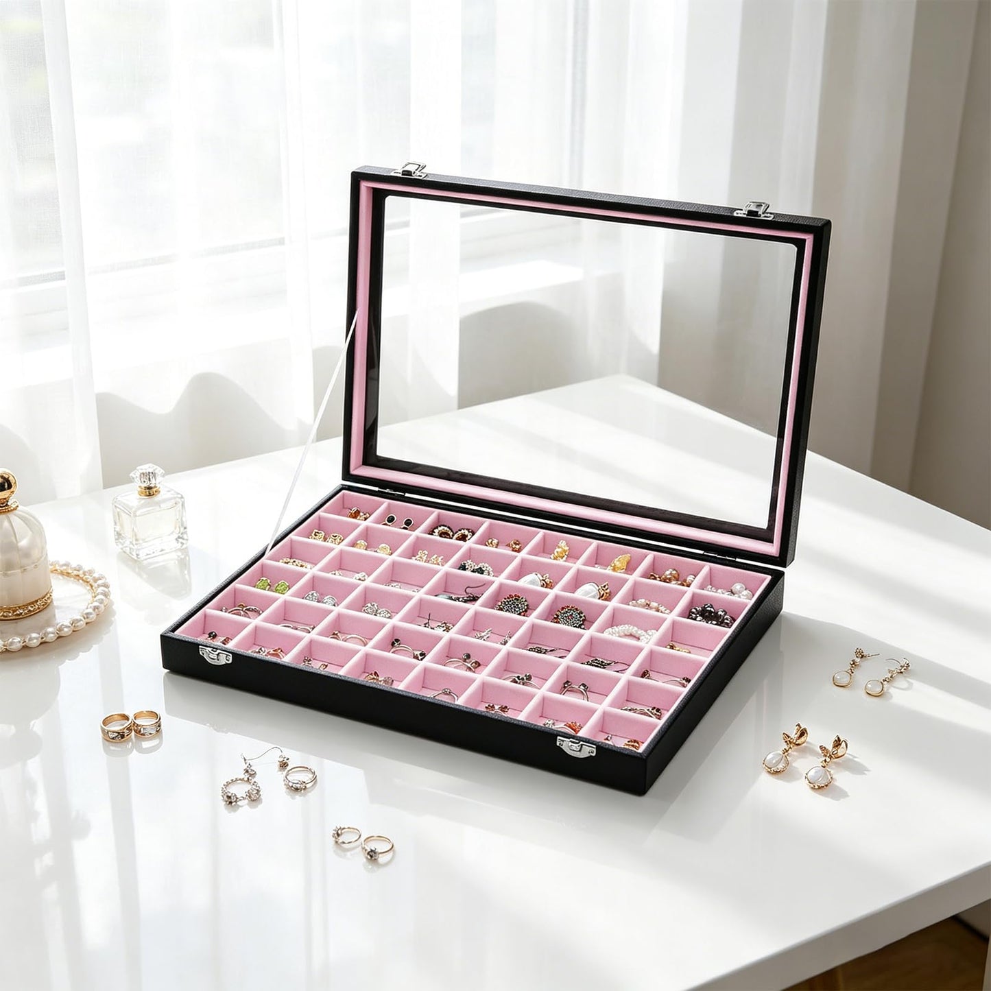 Stratalife Jewelry Organizer 48 Grid Jewelry Tray with Clear Lid Dust-proof Velvet Earring Organizer Necklace Rings Holder Display Drawer Storage Case for Women Pink Black