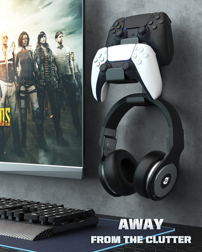 MoKo Controller Holder, Dual Gamepad Controller & Headphone Hanger for Xbox One, Xbox 360, PS3, PS4, PS5, PC, STEAM, Switch/Switch 2, Wall Mount Stand for All Universal Headsets, Black