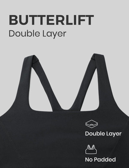 CRZ YOGA Butterlift Double Lined Square Neck Sports Bras for Women - Wireless V-Shaped Racerback Workout Yoga Top Non Padded Black Medium